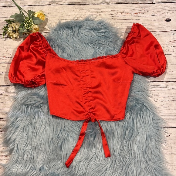 Resa Red Satin Pull Front Puff Sleeve Crop Top - Picture 1 of 6